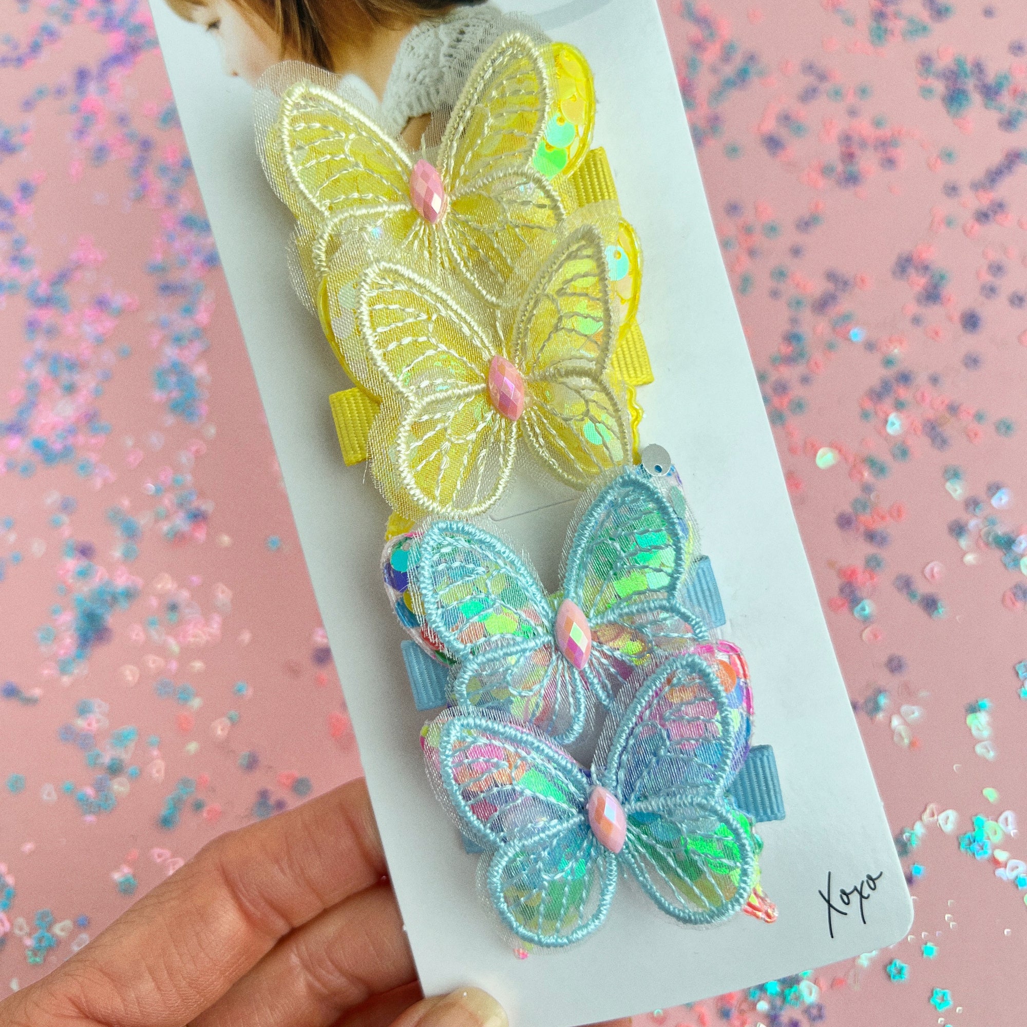 4PK SEQUIN BUTTERFLY CLIPS: yellow/mutli
