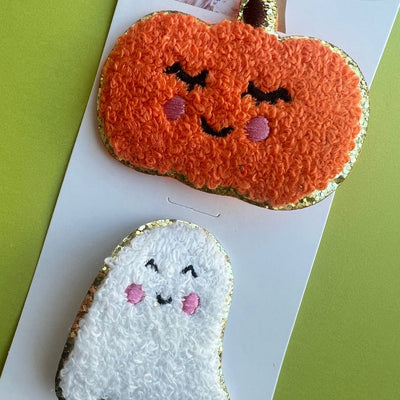 2PK NOVELTY CLIPS: chenille pumpkin & ghost