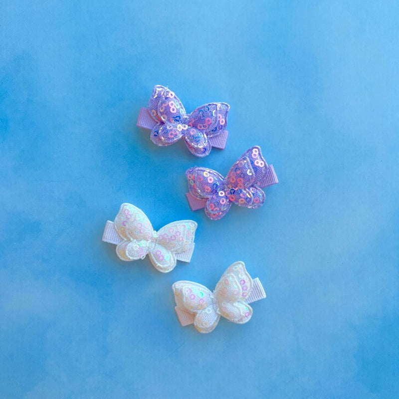 4PK SEQUIN BUTTERFLY CLIPS: light orchid / white