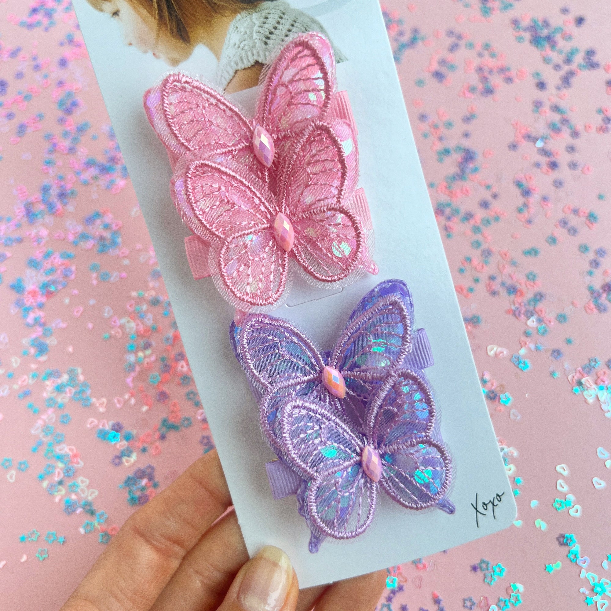 4PK SEQUIN BUTTERFLY CLIPS: pink/purple