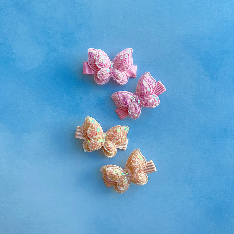 4PK SEQUIN BUTTERFLY CLIPS: pink / peach