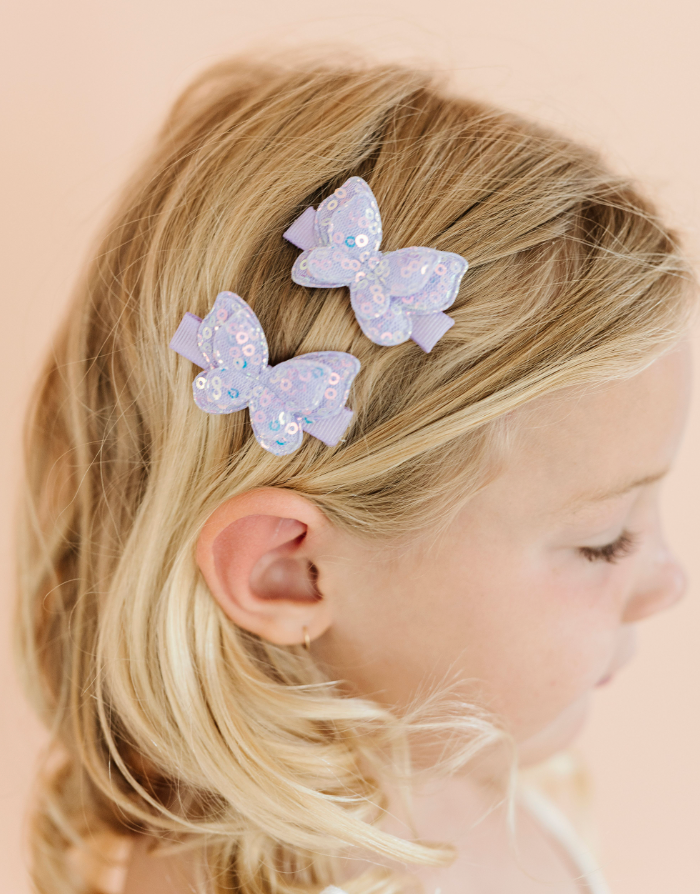 4PK SEQUIN BUTTERFLY CLIPS: light orchid / white