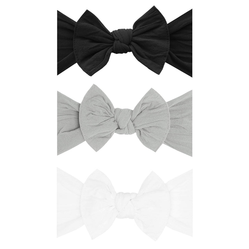 Soft Nylon Headbands 3pk Box Knot Set One Size: black+grey+white-Baby Bling Bows