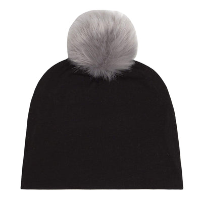 Cotton Beanie Hat Faux Fur Pom: black/grey-Baby Bling Bows